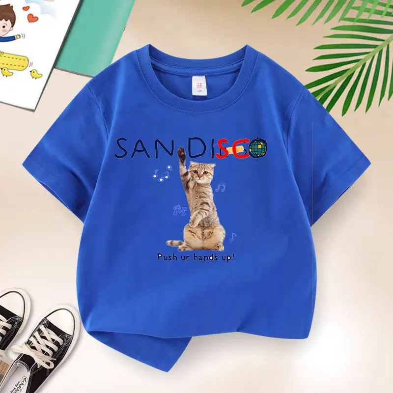 Cat Dancing Disco Graphic Print Baby Boys T-shirt Cotton Sky Blue Tops Tee 2025 Summer Kids T Shirt Teen 6 8 10 12 Years