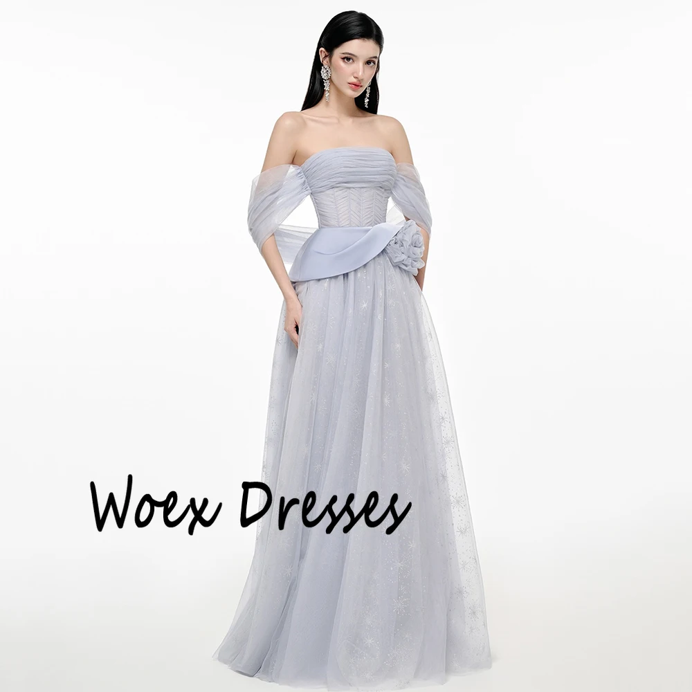 Personalizado fora do ombro tule cinza chão vestido de noite sem mangas flor apliques vestido de festa a linha até o chão vestido de baile