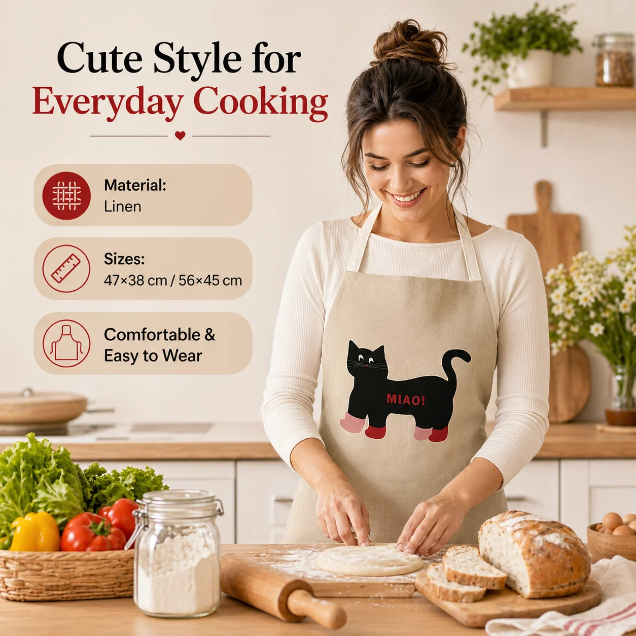Cute Black Cat White Rabbit Linen Apron 2D Flat Printed Kitchen Cooking Bib for Women Home Baking Pinafore Daily Cleaning Cloth - view 3