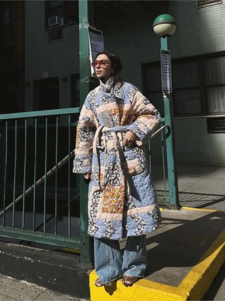 Manteaux en coton imprimés à fleurs à manches longues pour femmes avec ceinture, veste chaude épaisse, vêtements d\'extérieur de rue pour femmes,