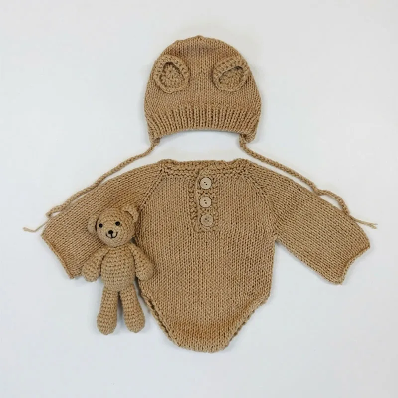 Accesorios de Fotografía para Bebés Recién Nacidos Tejidos a Mano, Bonito Conjunto de 3 Piezas con Tema de Oso, Gorro, Mameluco y Juguete, Atuendos para Sesiones de Fotos en Estudio Infantil