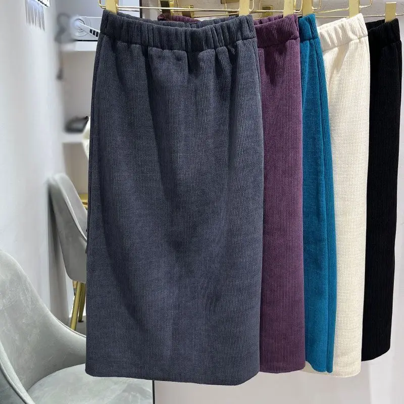 Temperament Elastic Waist Long High Waist Skirt Medium-Length Straight-Leg Skirt Side Slit Sweater Pairing Casual Female Tiered