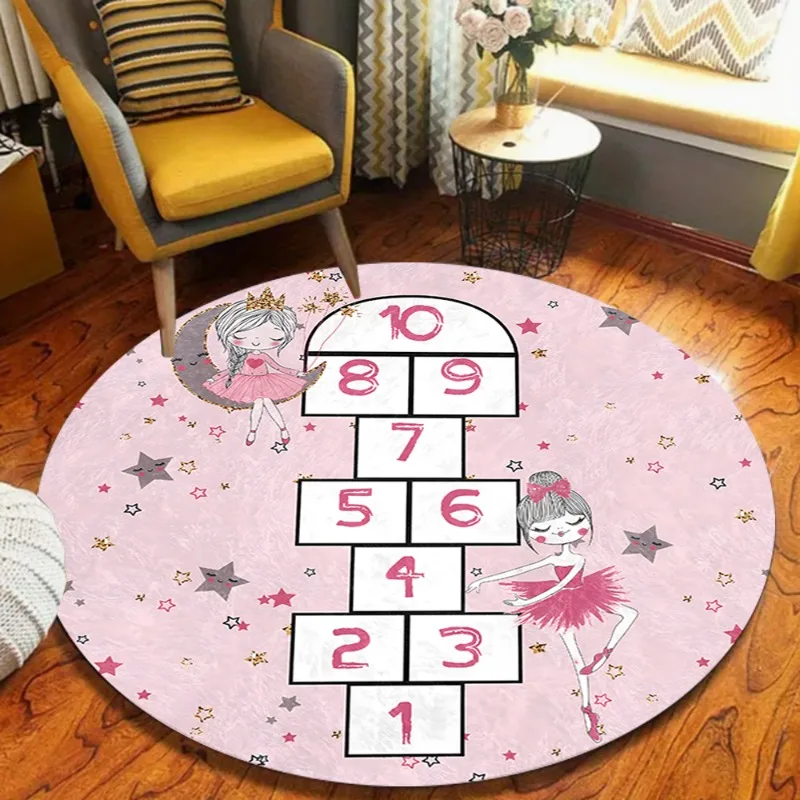 Alfombra Redonda de Juego Hopscotch con Ilustración de Bailarinas, Tapete Suave Antideslizante para Dormitorio Infantil y Área de Juegos