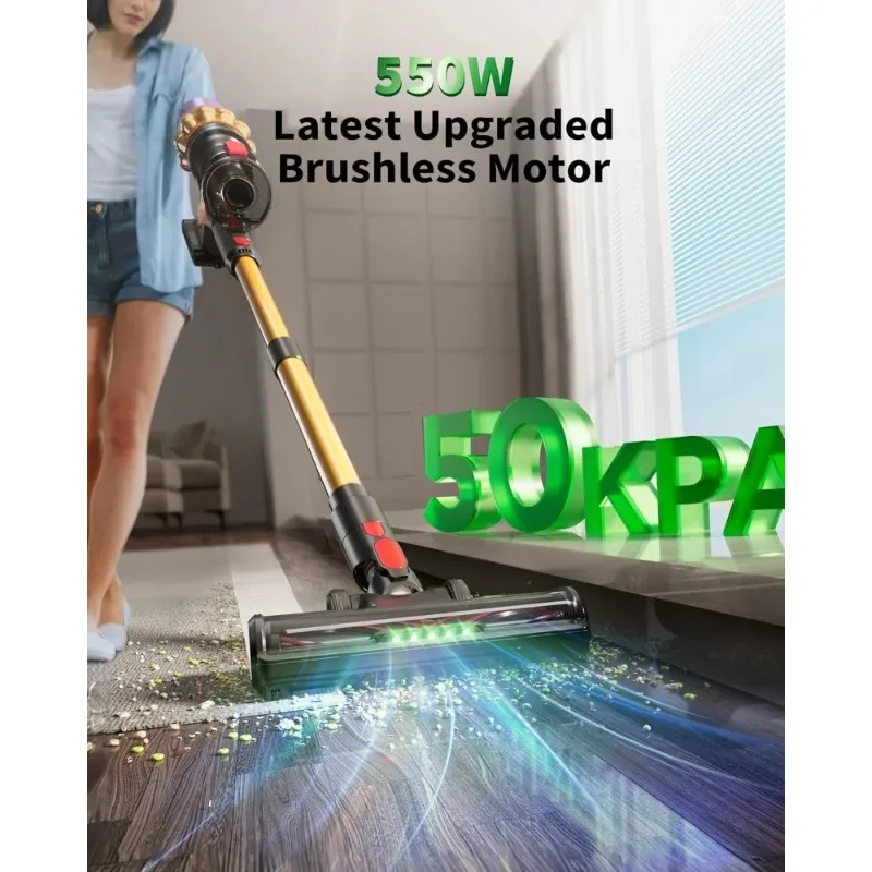 コードレス掃除機、アップグレードされた550W 50KPA 60分、家庭用掃除機、ブラシレスモーター搭載の自立型コードレス掃除機