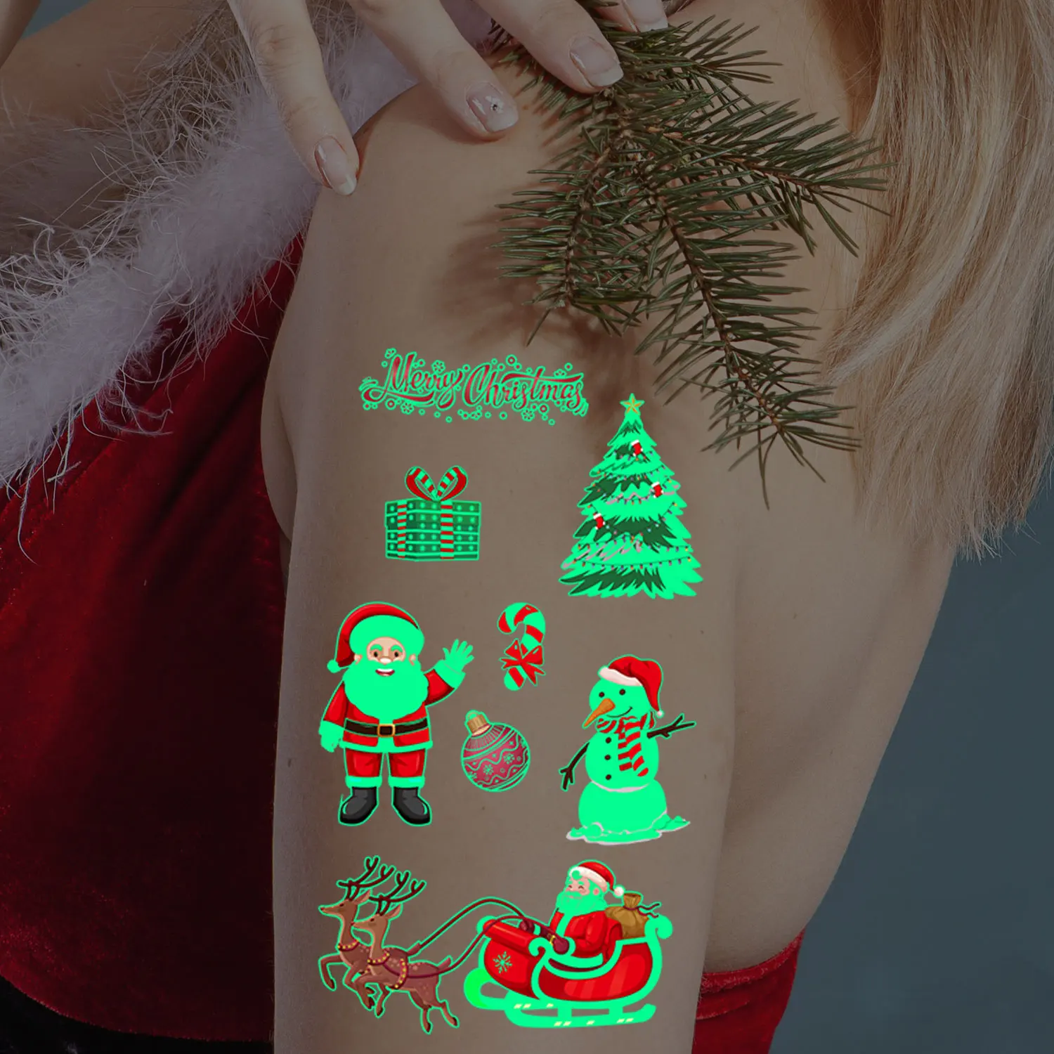 10 ورقات من 92 ملصقات وشم مضيئة بنمط سلسلة عيد الميلاد الكرتونية، وشم مؤقت يتوهج في الظلام، أنماط عنصر عيد الميلاد سانتا كلوز رجل الثلج الأيائل لتزيين عيد الميلاد، ملصقات وشم وهمية واقعية لتزيين عيد الميلاد، مناسبة كهدايا عيد الميلاد
