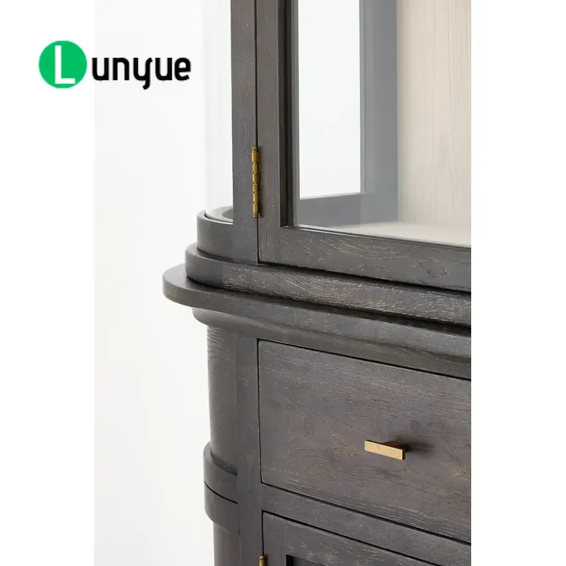 Modern Full Height Oak Tempered Glass Display Cabinet Curved Sides Closed Base Storage Showcase for Living Room Home Decor