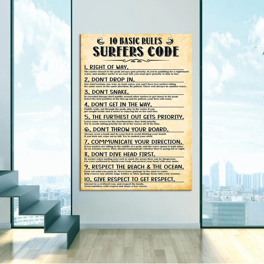 10 Basic Rules of Surfing Sufers Code Poster Wall Art Home Decor. Surfing print, surfing basic rules poster