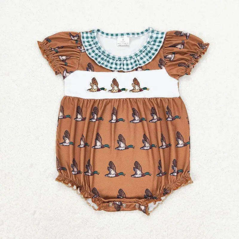 11.19y SR1286 Embroidered duck Fashionable summer girls' rompers  green plaid lace brown short-sleeved romper