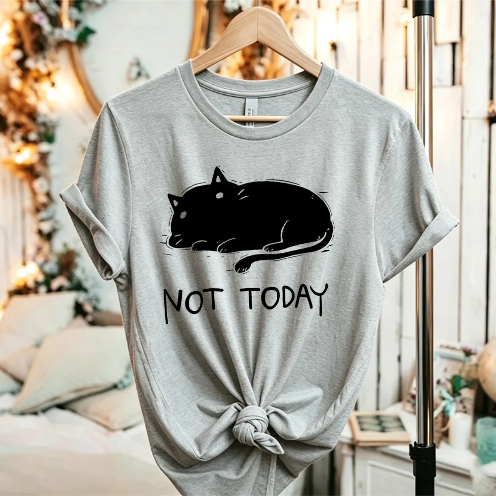 Not Today Lazy Black Cat Sketch Graphic T-Shirt Sleepy Kitty Quote Print Unisex Casual Cat Lover Moody Relax Funny Cotton Tees