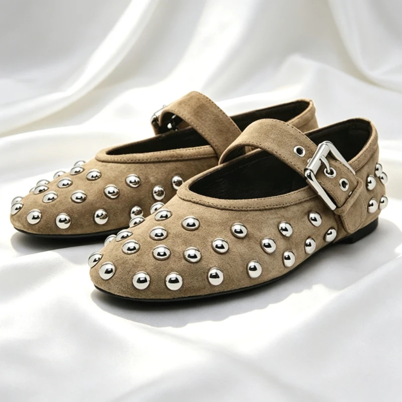 Zapatillas de Ballet con Decoración de Remaches, Diseño de Hebilla y Punta Redonda, Zapatos Mary Jane Modernos para Mujer, Cómodos y Suaves