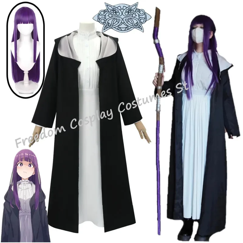 

Anime Frieren: Beyond Journey's End Fern Cosplay Costume Purple Wig White Long Dress and Black Robe Headwear Halloween Girl Suit