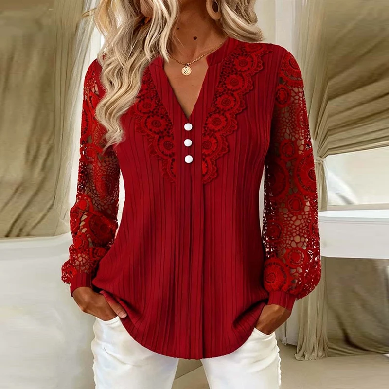 Elegant Office Lady Women Shirt Blue V Neck  Long Sleeve Button Blouse Women Casual Floral Hollow Out Lace Blouses Blue White