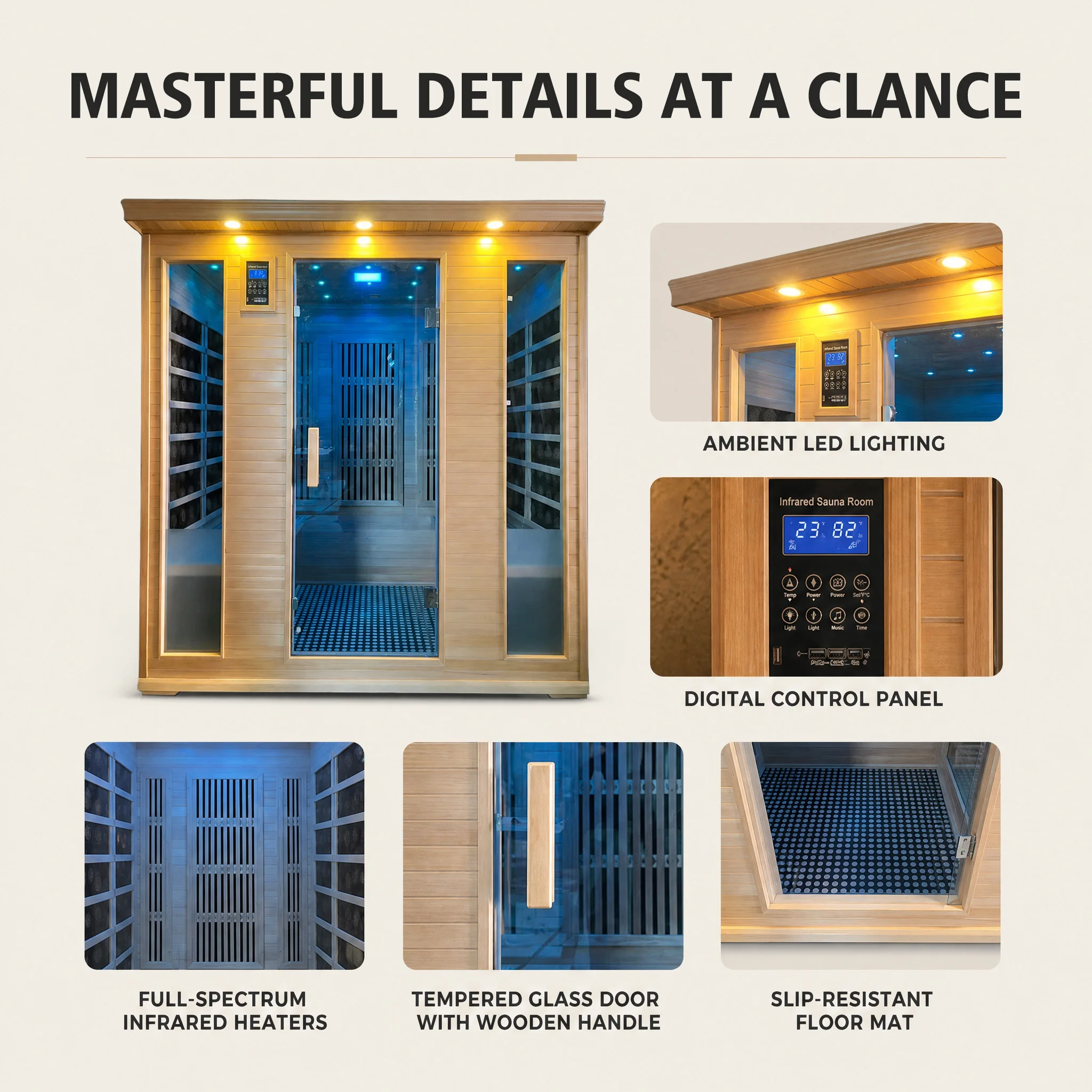 PLOUTARA Indoor Full Spectrum Infrared Sauna Room Canadian Hemlock Glass Cabin LED Lighting Eco-Friendly Gym Villa Home Hotel