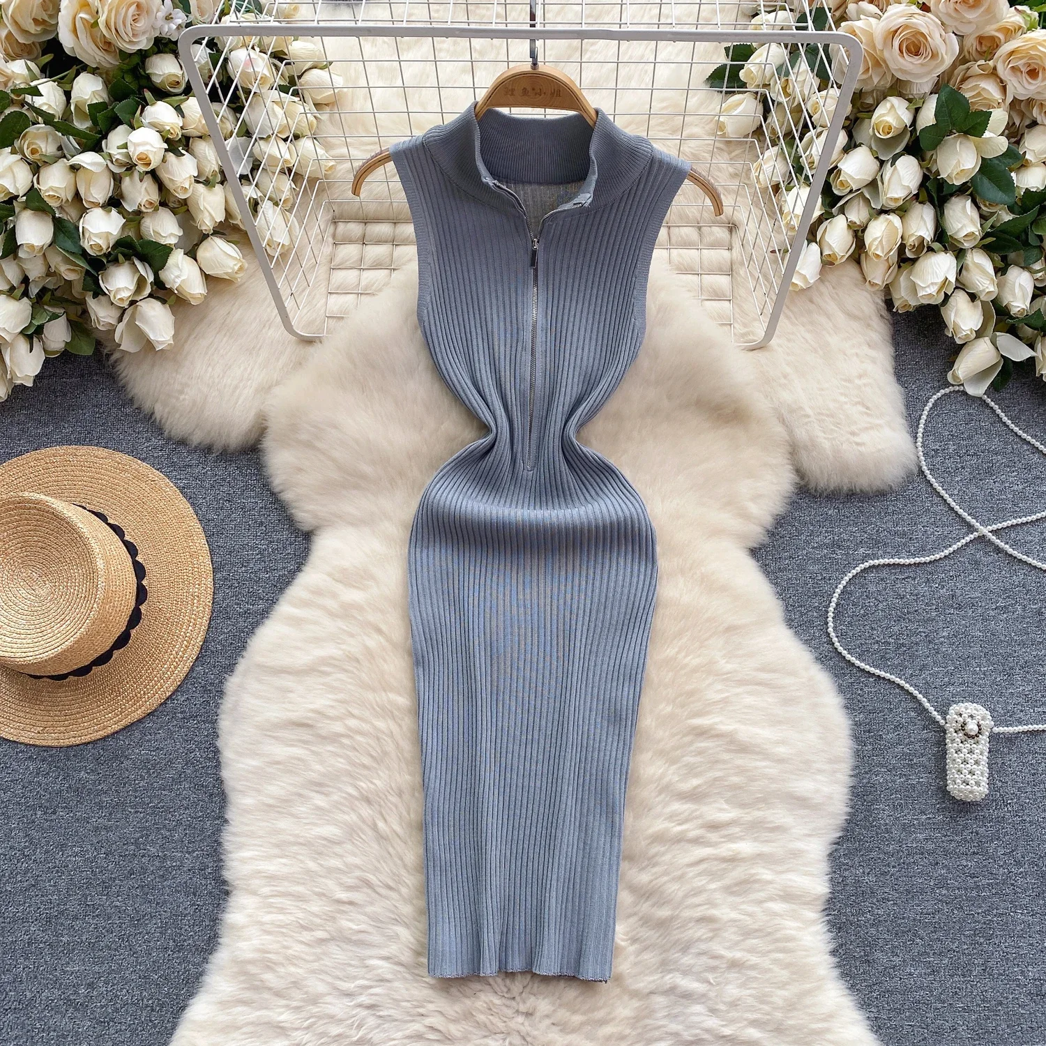 Robe d'été rose Sexy avec fermeture éclair, bretelles en tricot, débardeur, taille élastique, moulante, robe de plage, sans manches, Mini, 2024