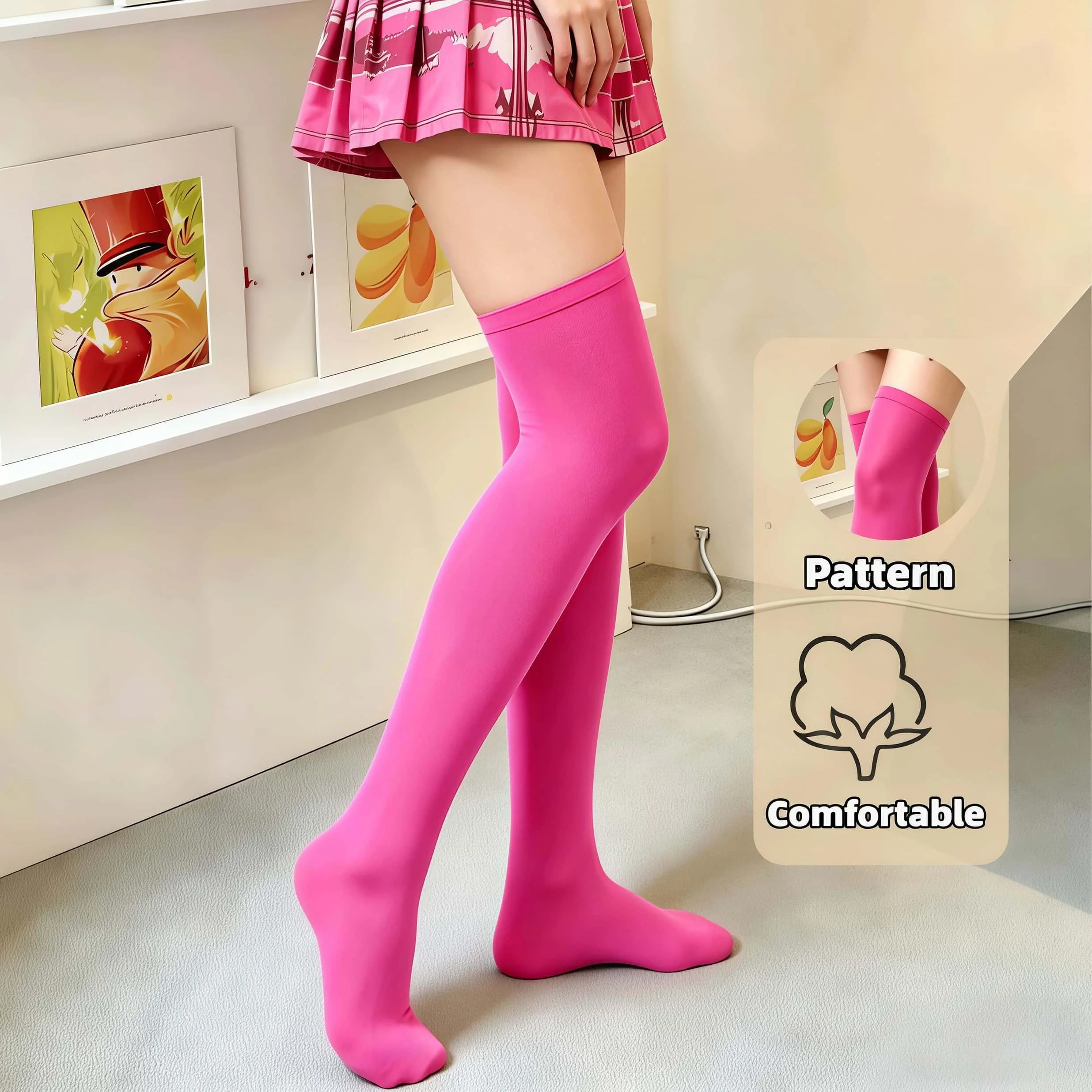 Solide magentafarbene Overknee-Socken für Damen, bequeme, elastische, vielseitige hohe Socken, perfekt für den täglichen Gebrauch und Partys – Detail 2