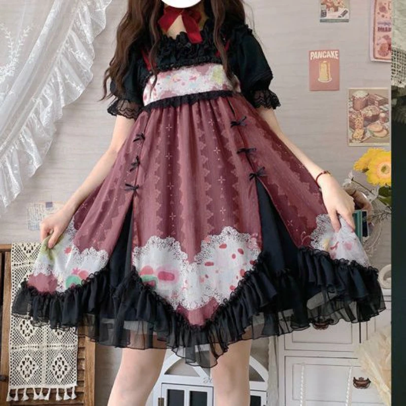 Japanese Kawaii Lolita Dress Women Cute Bow Chic Print Sleeveless Strap Princess Dresses Victorian Harajuku Y2k Party Mini Dress