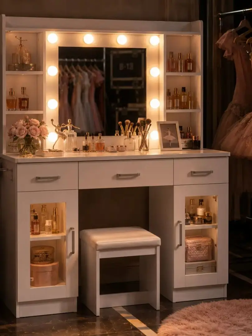 Weißer Profi Schminktisch Hollywood LED Spiegel 3 Lichtfarben  dimmbar Buehne Fotoshooting Studio Makeup Tisch mit Hocker 9 Schubladen