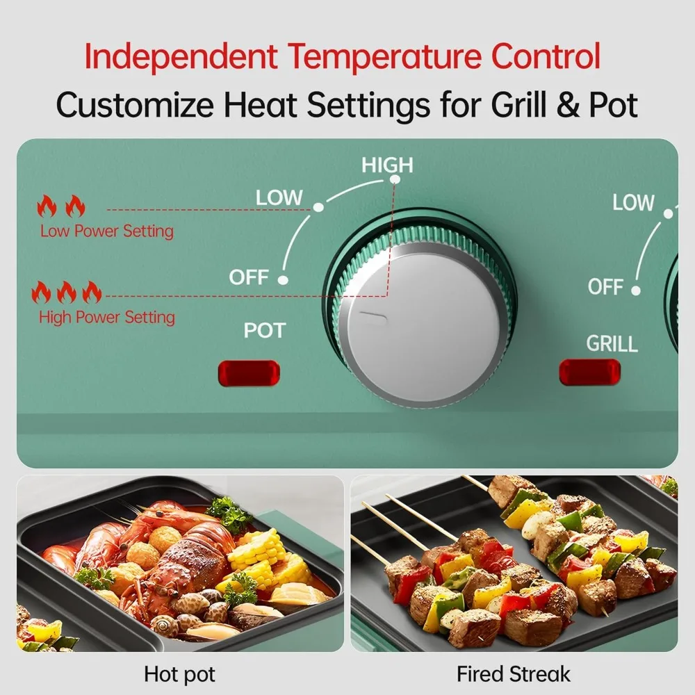 グリル付き電気鍋、韓国バーベキュー、しゃぶしゃぶ、麺類用の2-in-1屋内ノンスティックポット、デュアル温度制御、クイック