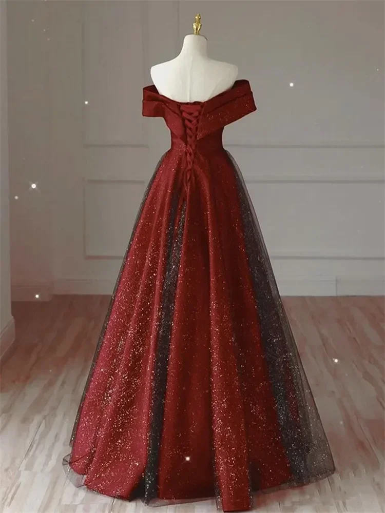 Elegant Dress for Women Burgundy Splicing Lace Sequin Strapless Long A-line Skirt Solid Color Evening Gown M392