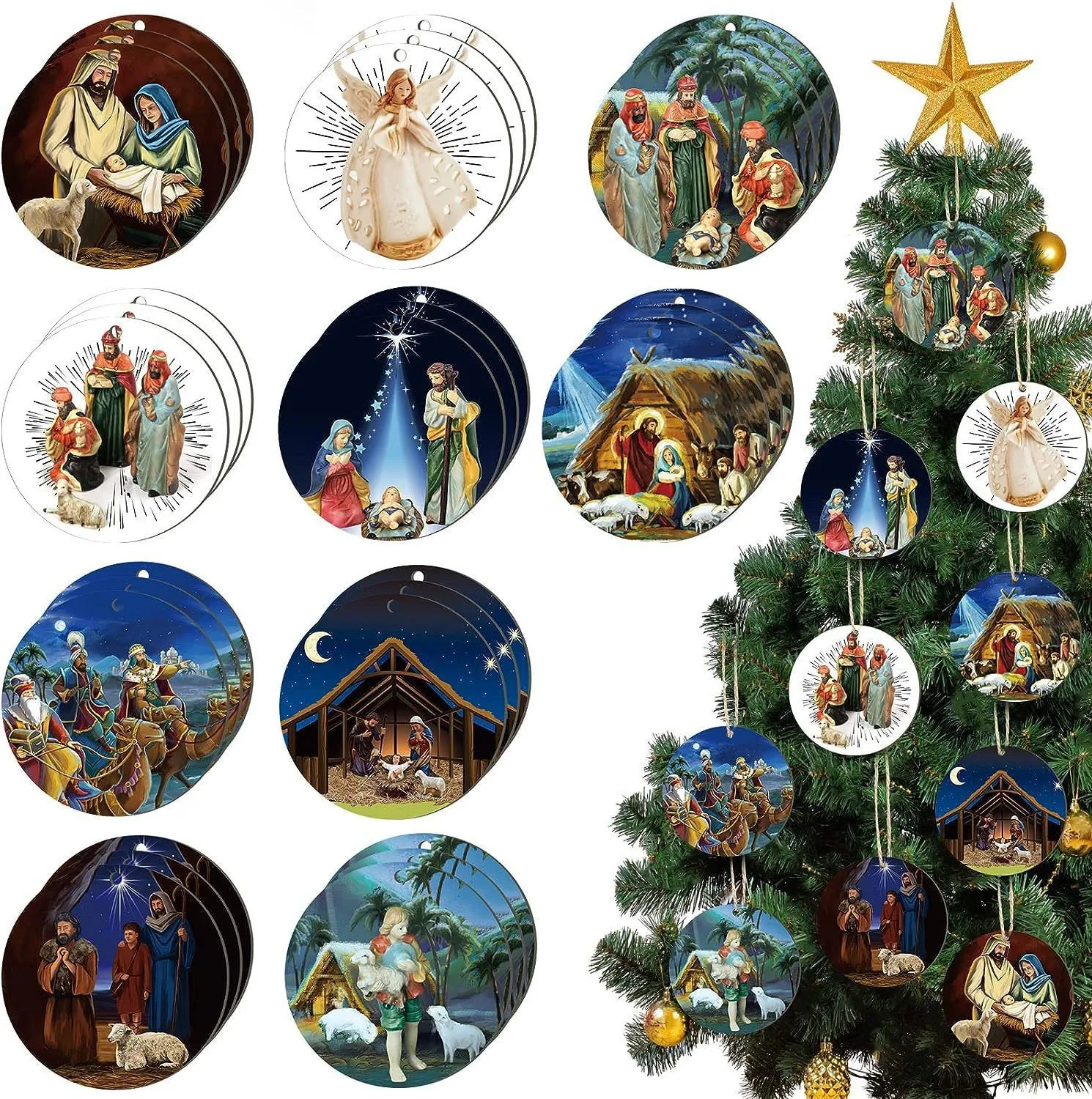 

24pcs Christmas Jesus Wooden Rotundity Hanging Ornaments, Xmas Tree Decorations