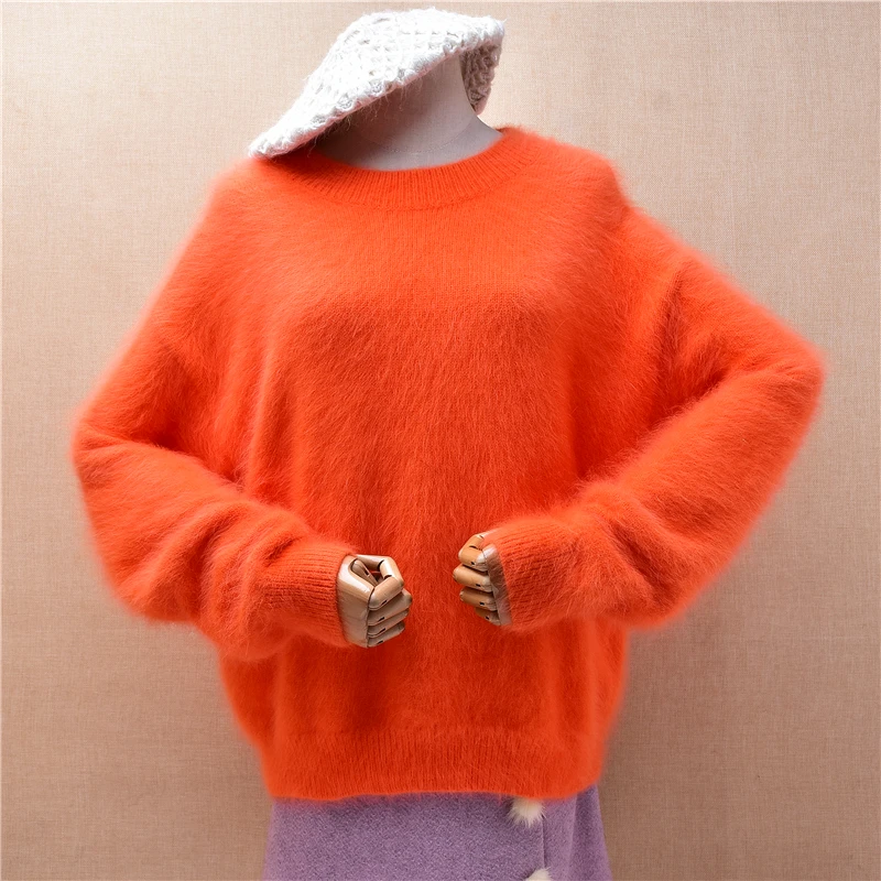 Women Mujer Autumn Winter Clothing Orange Hairy Mink Cashmere Knitted O-Neck Long Sleeves Loose Pullover Angora Sweater Jumper