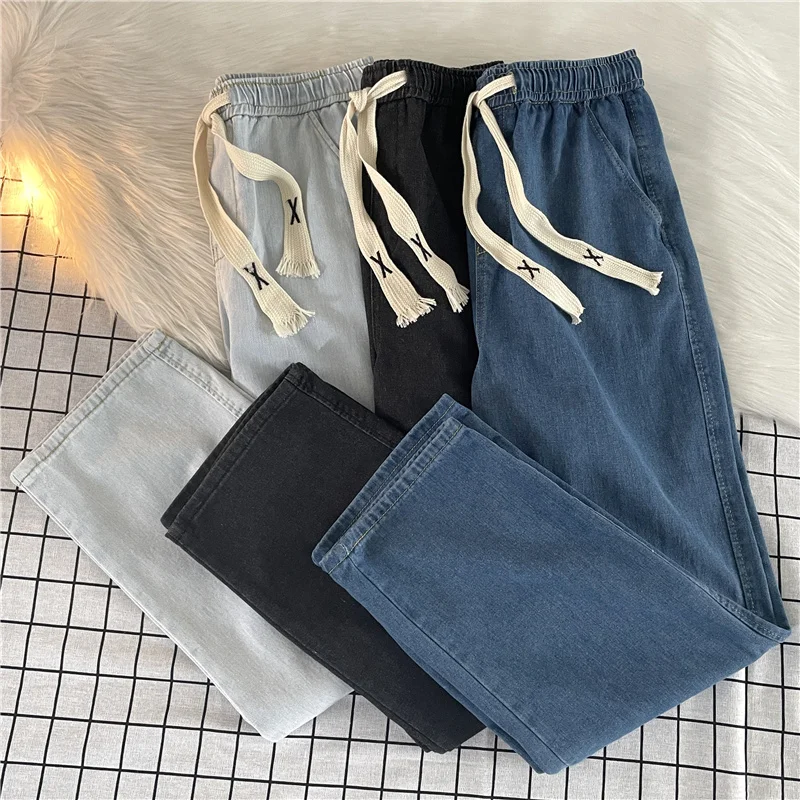 

Washed Jeans Men's Trendy Spring Autumn Straight Loose Drawstring Elastic Waist Boys American Sports Long Pants Casual Style