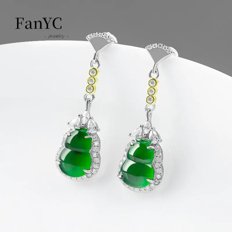 

S925 Silver Inlaid Myanmar A-goods Jade Gourd Earrings Hand-carved High-grade Fashion Ice Jade Earrings Ladies Gift