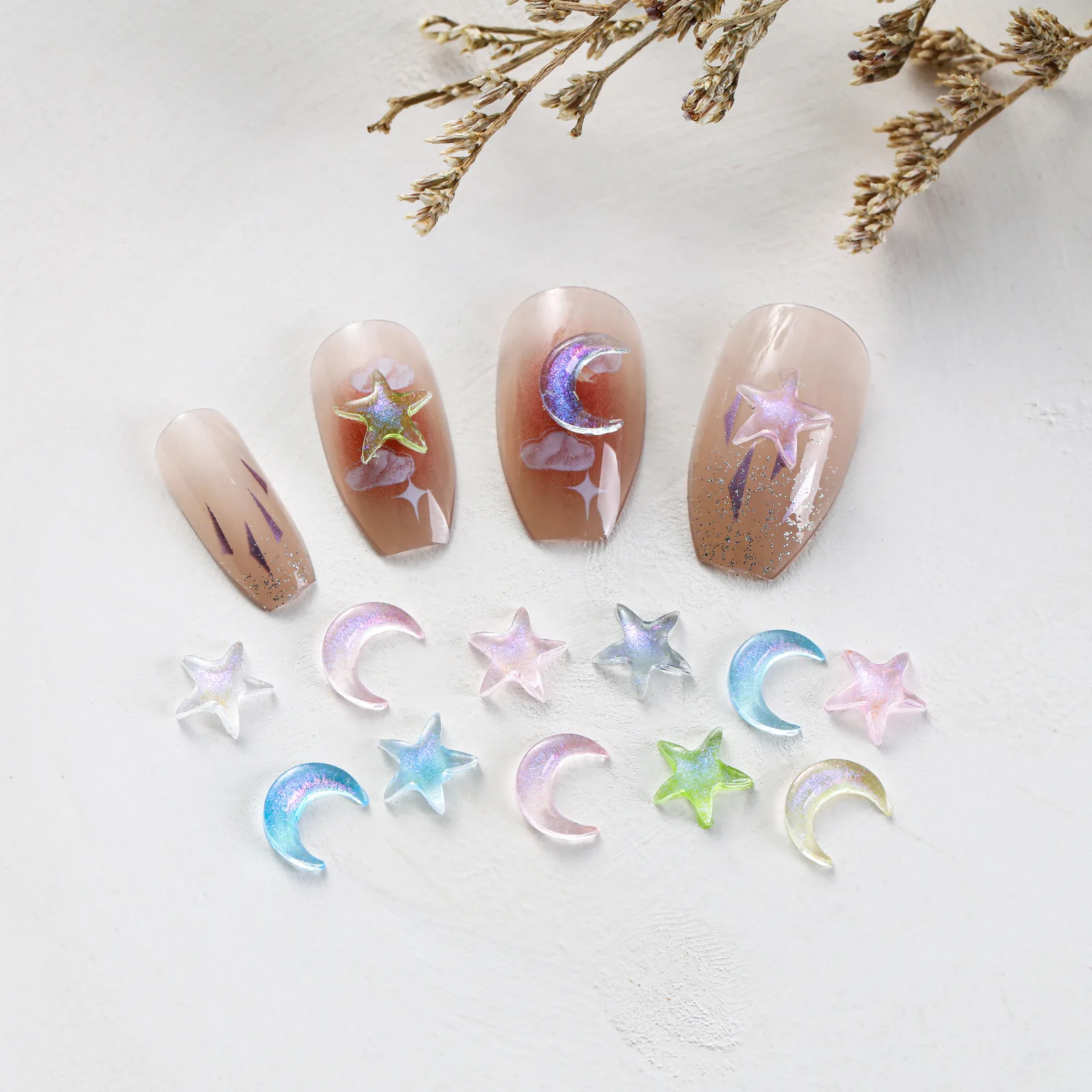 Mini autocollants transparents en résine pour nail art, 50 pièces, motifs lune, étoile, planaire, flatback, accessoires décoratifs, cabochon artisanal