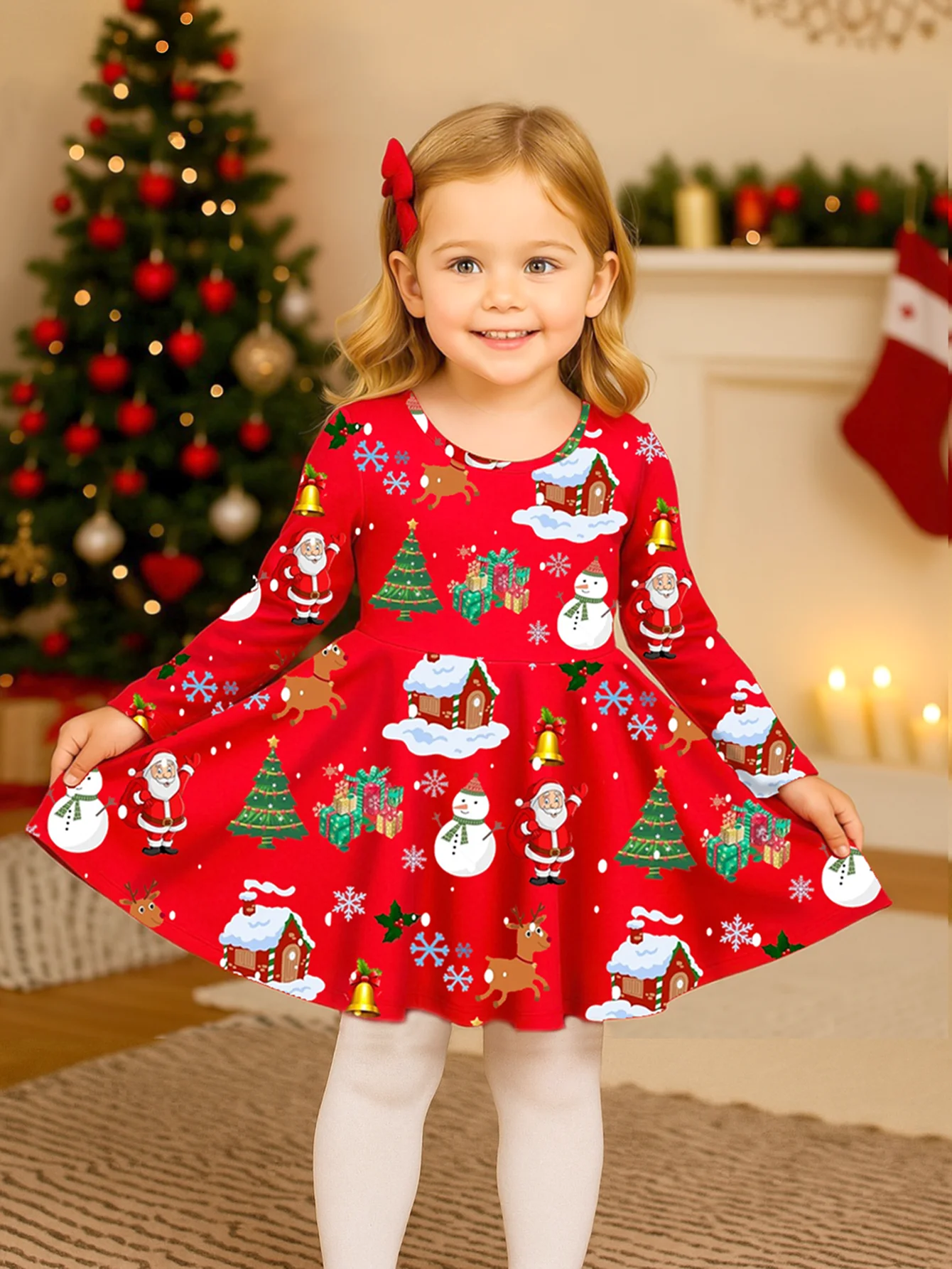 Girls Christmas Red Long Sleeve Dress Santa Snowman Elk Print Back Cross Twirl Swing Dress Kids Xmas Party Casual Outfit 3-10Y