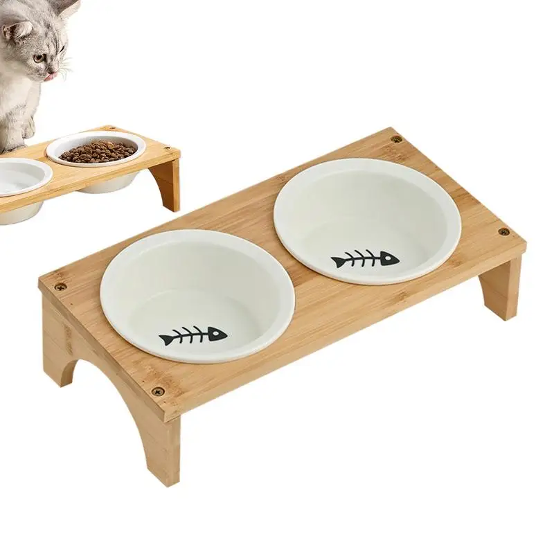 

Elevated Dog Bowls Tilted Ceramic Cat Water Bowl With Wooden Base Non-slip Whisker Friendly Feeding Station For Small Medium
