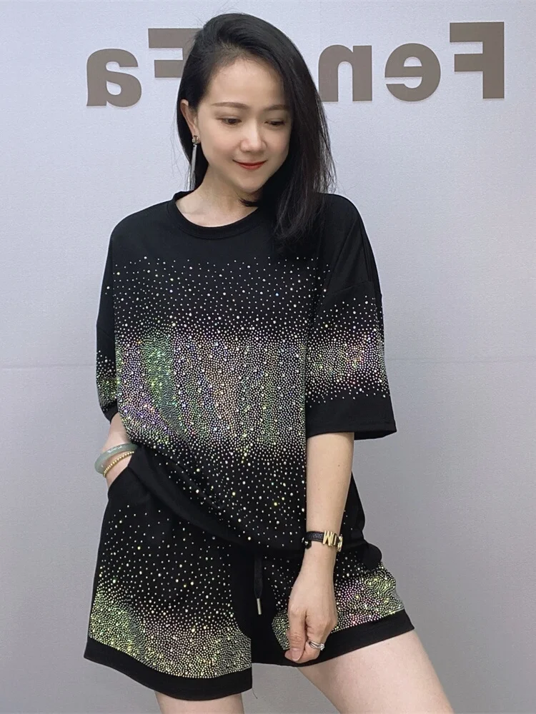 

Fashionable Casual Loose Women's Short Sleeve T-Shirt And Wide Leg Pants Two-Piece Set Glitter Design Large Size Cotton Set