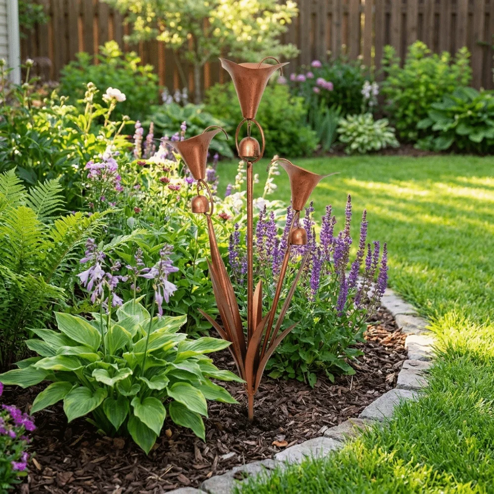 Weatherproof Metal Floral Garden Stake with Bells Retro Flower Wind Chime Handcrafted Three Calla Lilies Sculpture Garden