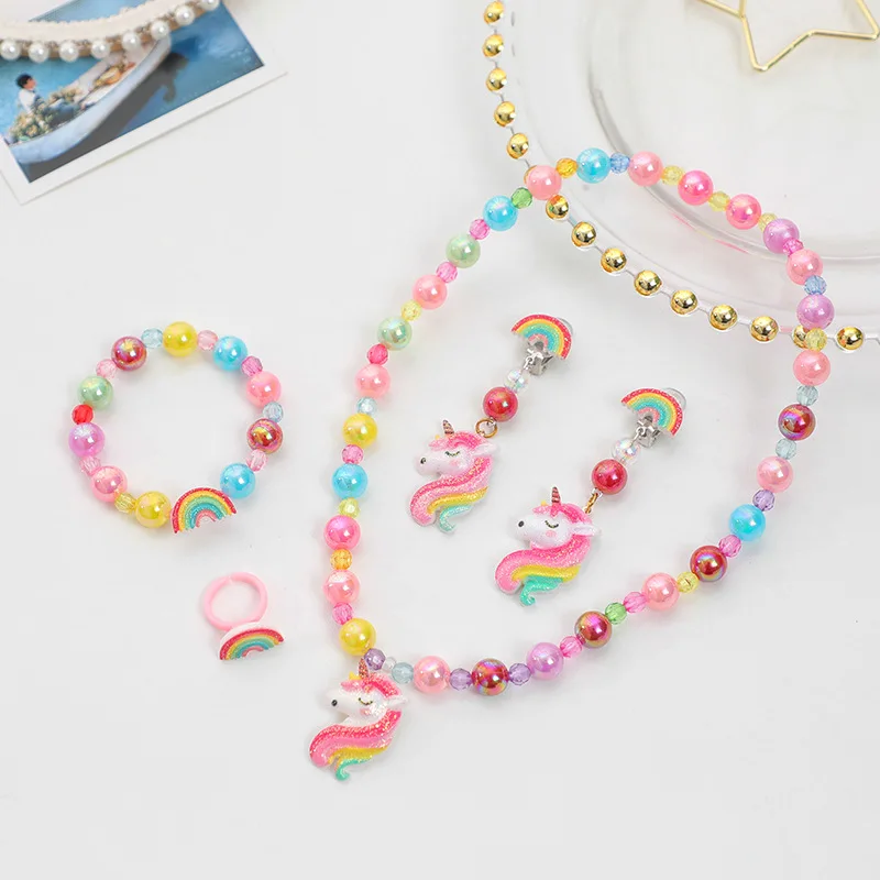 Cute Cartoon Colorful Unicorn Animal Child Sweater Necklace Bracelet Earring Ring Girl\'s Gifts Children\'s Jewelry Sets For Kids