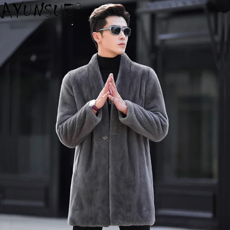 High-end Real Mink Fur Jacket for Men Winter 2025 New Fashion V-neck Natural Fur Coat Mid-length Mink Fur Coats Outwear