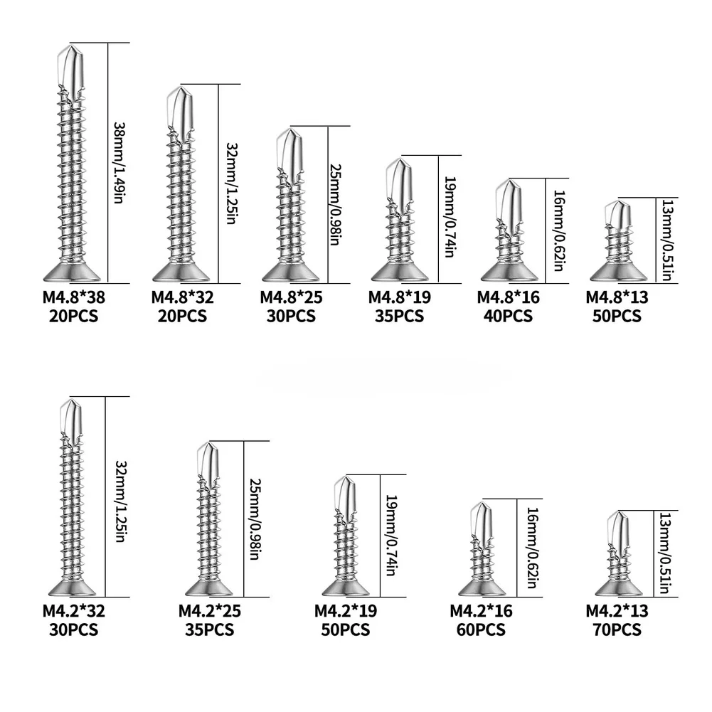 Cross Recessed Drive Screws Set Self-drilling Fasteners 410 Stainless Screws Multiple Lengths Included Silver Finish