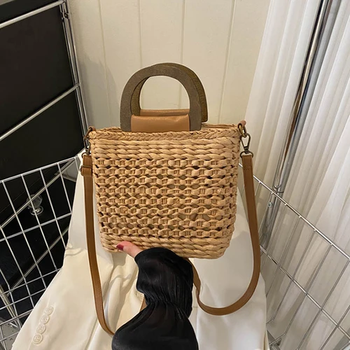 Imagen 1 del producto Bolso de playa bohemio de paja de verano para mujer, bandolera informal de gran capacidad hecha a mano con asa