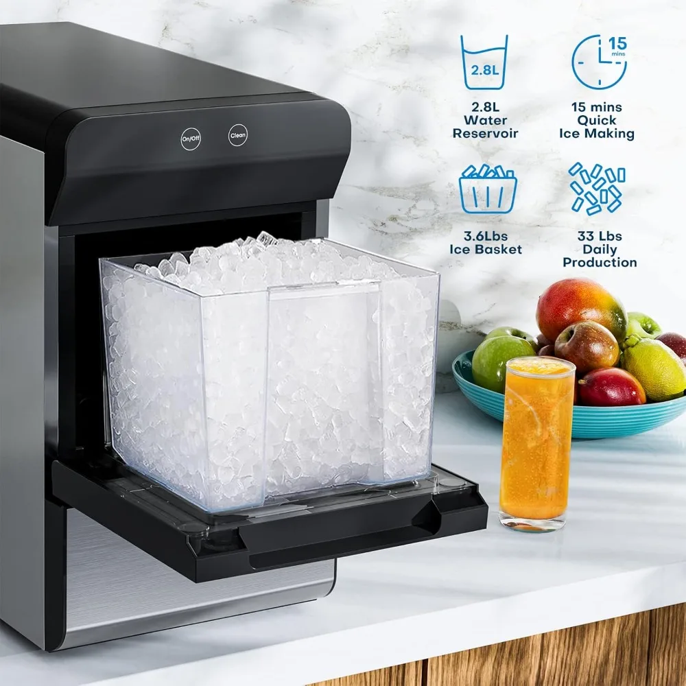 33 pounds/day, self-cleaning, 6 ice cubes within 15 minutes, 2 water refills, home/office/bar countertop ice maker