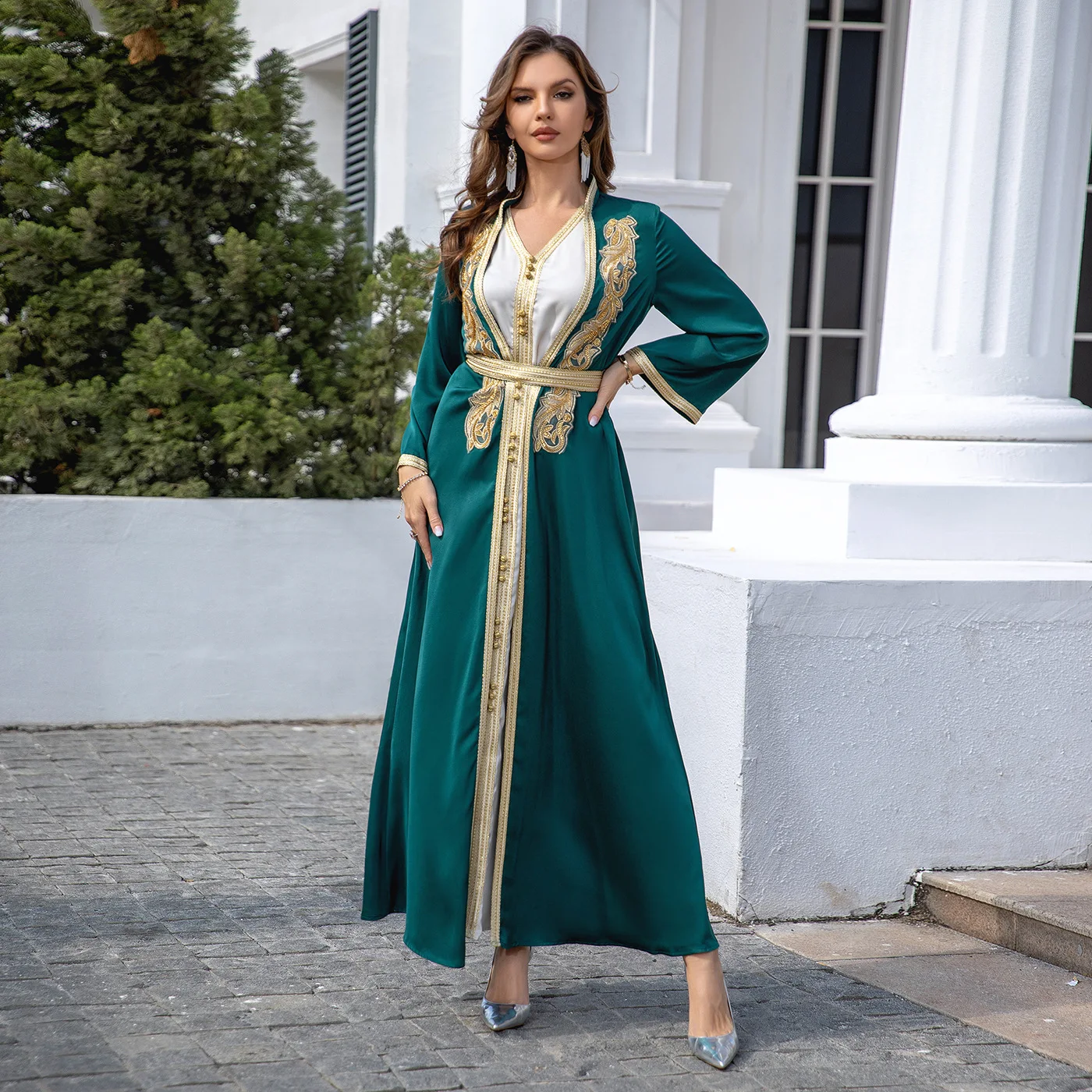 Arab Light Luxury Loose Robe Muslim Embroidery Evening Dress For Women Ramadan Dubai Turkey Long Sleeve 2 Piece Set Abaya Kimono