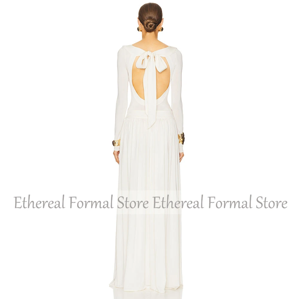 Modern A Line Ivory Women's Evening Dress O Neck Evening Gown For Wedding Long Sleeves Floor Length Simple Formal Dresses