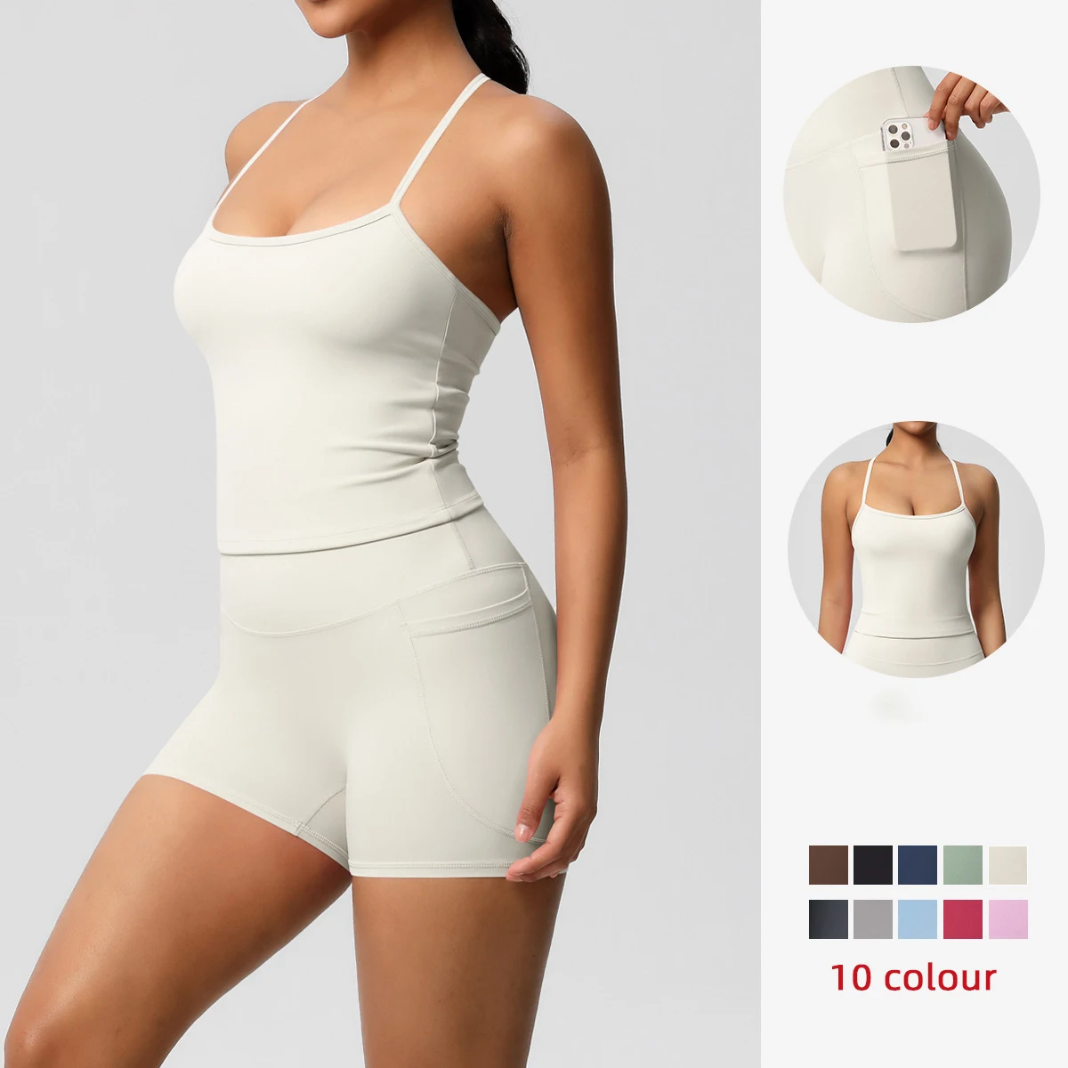2PCS 2-piece Women's Sets Solid Color Beautiful Back Strap Yoga Vest with Chest Pad Quick-Dry High Waist Fitness Pockets Shorts
