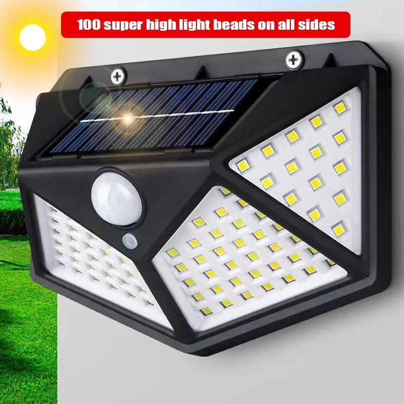 

1-12 шт. 100LED Солнечный настенный светильник с 4-сторонним освещением, датчиком движения, IP65, водонепроницаемый, для улицы, сада, двора
