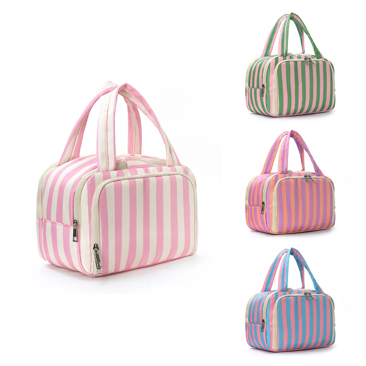 Striped Large Capacity Cosmetic Bag Portable Handheld Toiletry Bag with Wide Open Design for Easy Access Travel Makeup Bag ita
