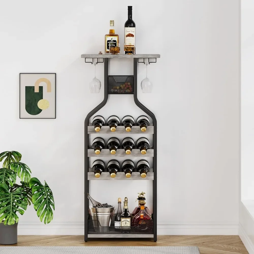 Wine Rack Freestanding Floor, Wine Bottle Holders Stands for Floor, Grey Bar Stand Wine Storage Organizer Display Rack Table