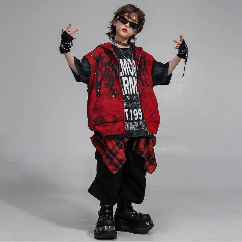 Neue Jungen Hip Hop Dance Kostüm Rot Mit Kapuze Weste Schwarz Shorts Gruppe Streetwear Fashion Jazz Bühne Leistung Rave Kleidung Sets
