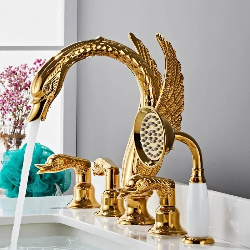 Gold Swan Bathtub Faucet Set Widespread Tub Sink Mixer Tap Brass Crystal Bathroom Bath Shower with Hand shower Head