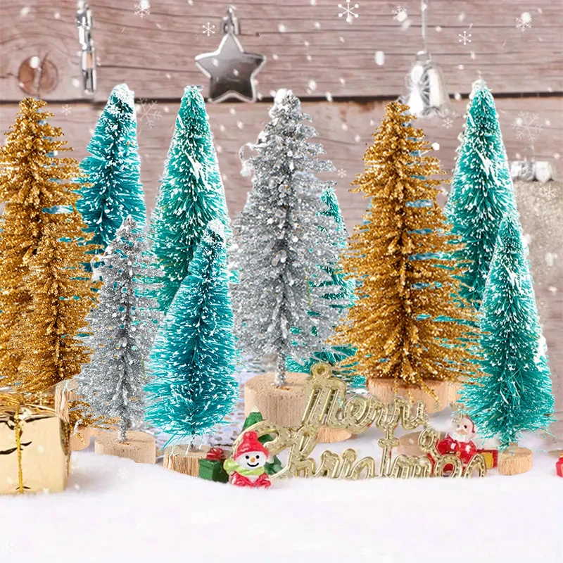 15pcs Artificial Mini Wooden Christmas Tree Blue Green White Gold Tower Pine Small Sisal Christmas Tree Tabletop Ornament Decor