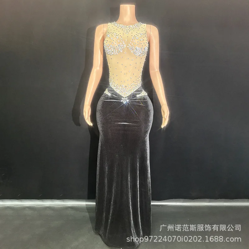 2026 فستان مثير أسود مخملي مزاجه حجر الراين أنثى كبار الشعور الاجتماعي عشاء أداء الملابس فستان الاجتماع السنوي #2
