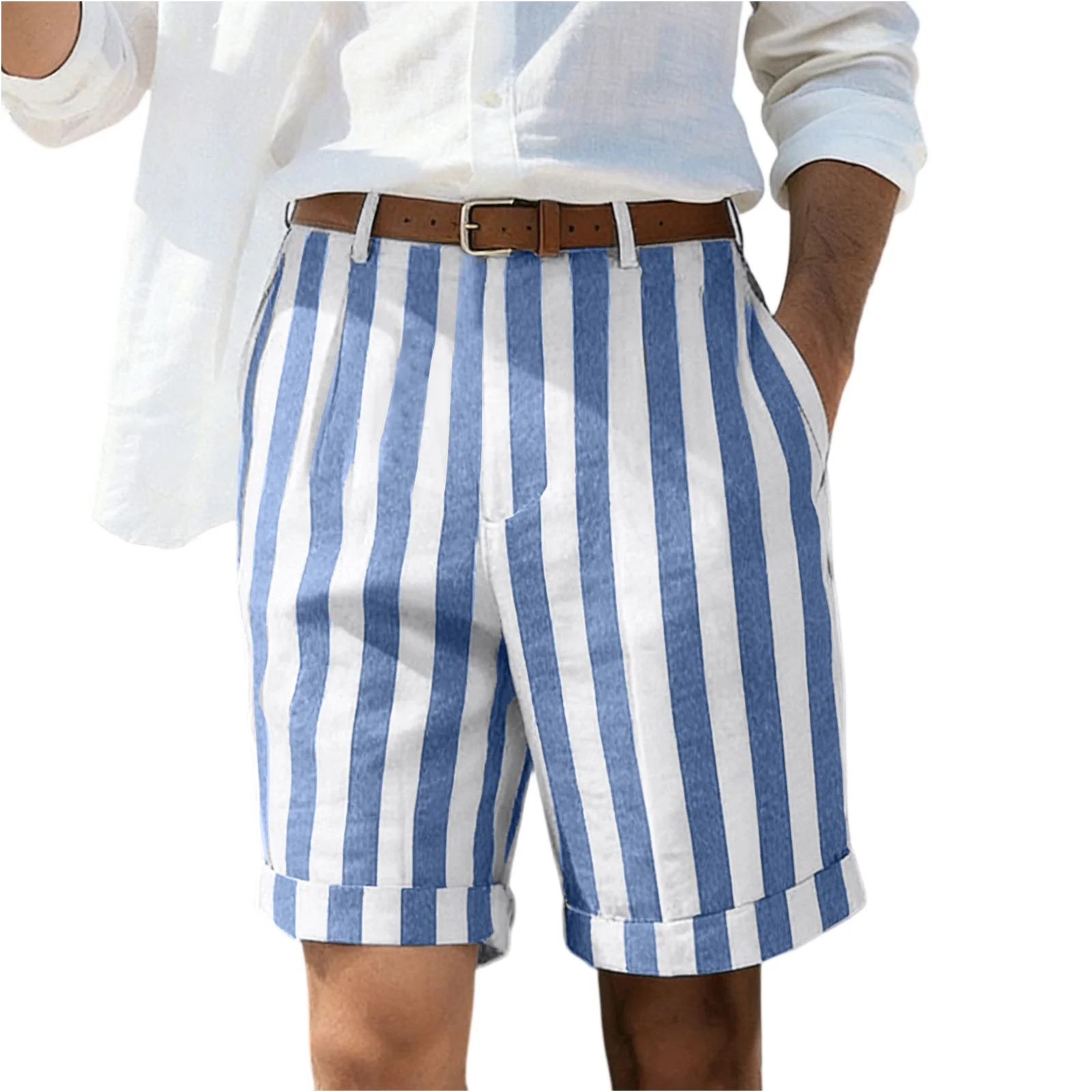 

Мужские летние повседневные шорты, удобные, легкие, с карманами на пуговицах, брюки до колен, пляжные шорты в полоску (ремень в комплект не входит)