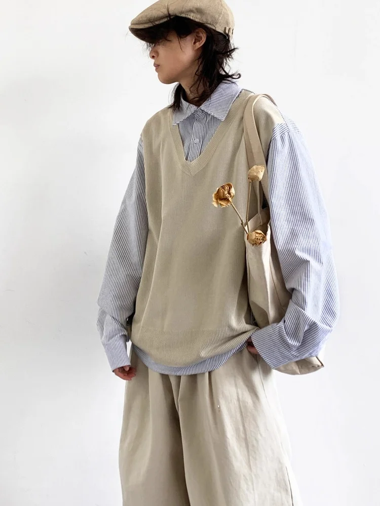 

Retro Japanese Sle Patchwork Long Sve irt Loose Striped Top Coat for Men And Women Spring Autumn New Sle College Wind