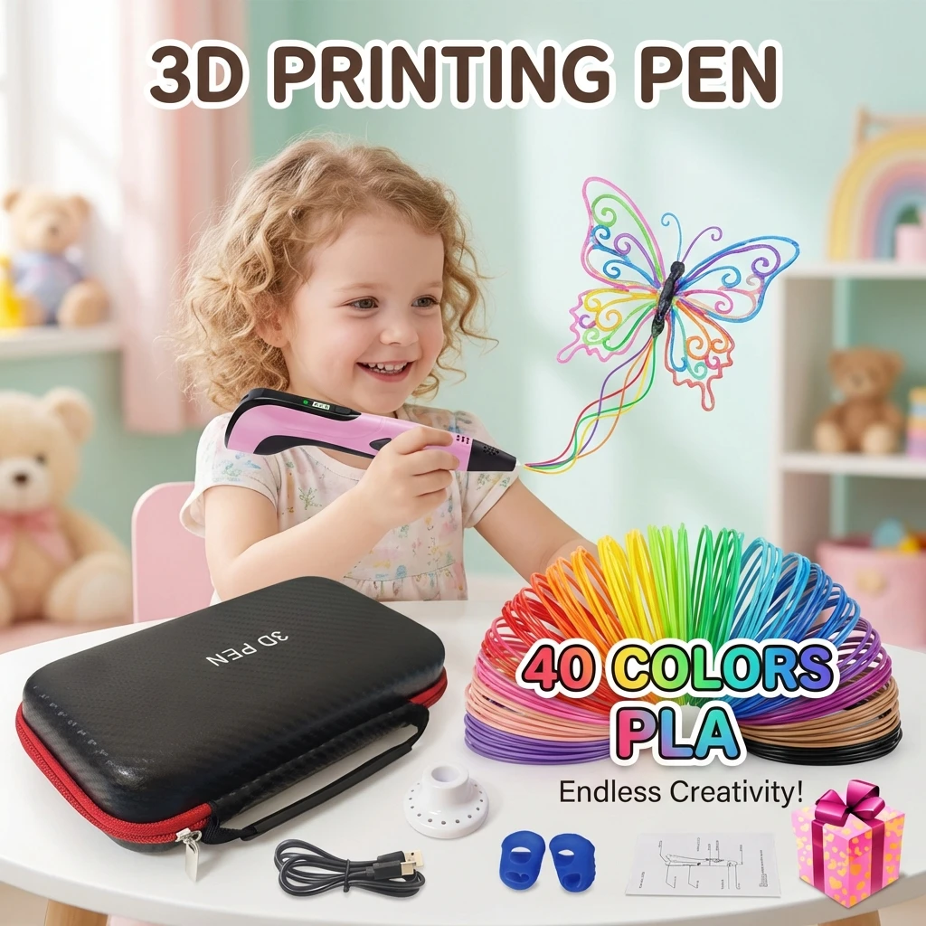 

3D-ручка для детей, 40 цветов, филамент PLA 1,75 мм, для рисования, подарки на день рождения и Рождество для детей, с дорожным футляром